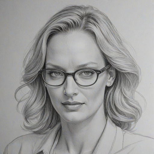 Wonderful Uma Thurman, pencil sketch, portrait of Lovely woman 1945s in glasses, hair style beatnik, outline, clear lines, fine lines, 8k