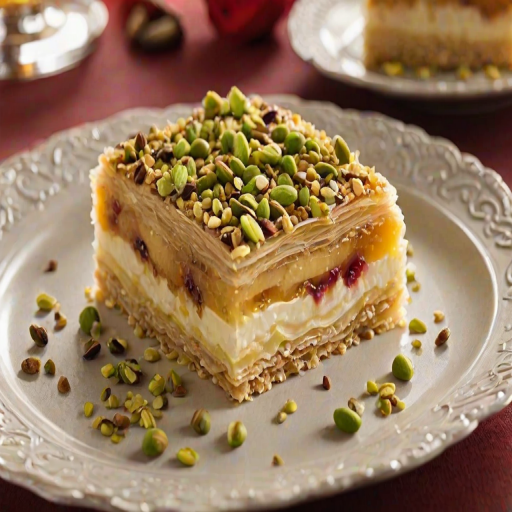 Create an image of a multi-layered dessert featuring a crispy phyllo pastry base, creamy layers of custard and a vibrant gelatin topping. The dessert is garnished with a generous amount of crushed pistachios, showcasing a rich blend of textures and colors. The setting should convey a warm and inviting atmosphere, with soft lighting highlighting the intricate details of the dessert.