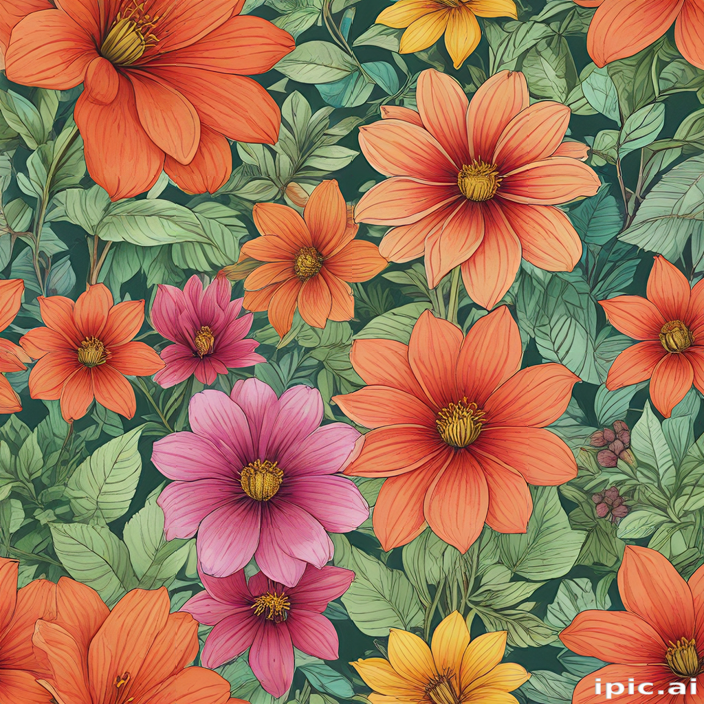 Vibrant Floral Pattern Featuring Colorful Blooms and Lush Green Leaves