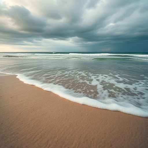 a serene beach scene with gentle waves lapping at the shore under a cloudy sky, captured with a Canon EOS 5D Mark IV, 24mm lens at f/11, ISO 100, shot at a low angle to emphasize the water and sand texture, soft natural light to enhance colors and mood