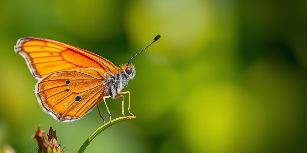 Capture a detailed close-up of a butterfly with vibrant orange and yellow wings, using a macro lens at f/2.8 aperture, ISO 100, 1/200 sec shutter speed, in natural light with a blurred background.