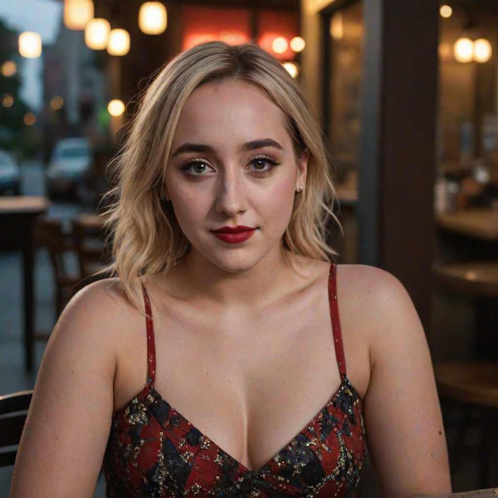 photo of woman:Harley Quinn Smith:0.4, highlight hair, sitting outside restaurant, wearing dress, rim lighting, studio lighting, looking at the camera, dslr, ultra quality, sharp focus, tack sharp, dof, film grain, Fujifilm XT3, crystal clear, 8K UHD, highly detailed glossy eyes, high detailed skin, skin pores
