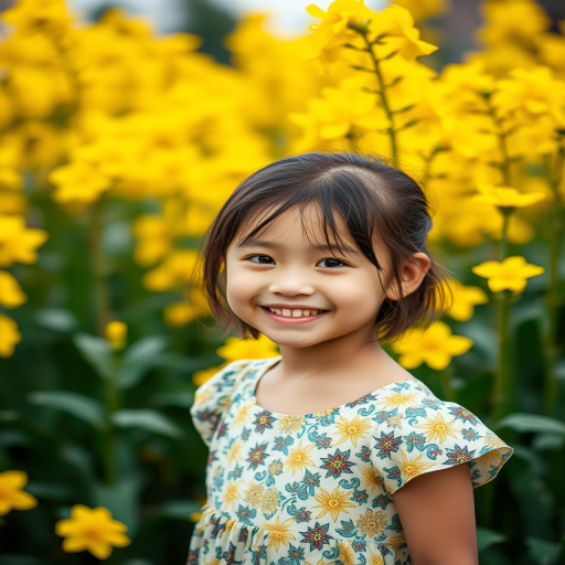 regenerate a portrait of a young girl smiling in front of vibrant yellow flowers wearing a patterned dress, aperture f/2.8, shutter speed 1/250 sec, ISO 100, with a soft focus background and natural lighting, using a DSLR camera with a prime lens