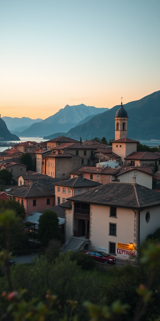 capture a landscape of a quaint town with historical buildings and mountains in the background during twilight, with a shallow depth of field, ISO 100, aperture f/1.8, shutter speed 1/250s, using a full-frame DSLR camera with a prime lens, elevated angle, soft focus to create a dreamy effect