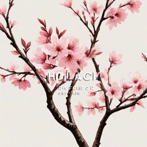 Create a minimalist illustration featuring a pink cherry blossom tree with a white background, accompanied by the text "Hello March" in a stylish font.