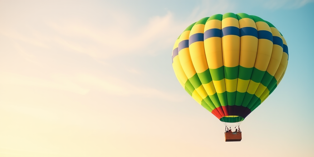 Create a vibrant illustration of a hot air balloon with green and blue stripes against a soft gradient sky, using a wide-angle lens at f/8, ISO 100, and a high-resolution digital camera for enhanced clarity and detail.