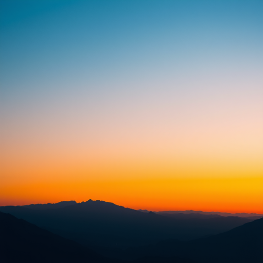 Create a high-resolution digital landscape featuring a gradient sky transitioning from blue to orange, with abstract mountain silhouettes in the foreground, shot with a DSLR camera at f/8 aperture, ISO 200, 24mm focal length, in a low-angle view for enhanced depth and detail.