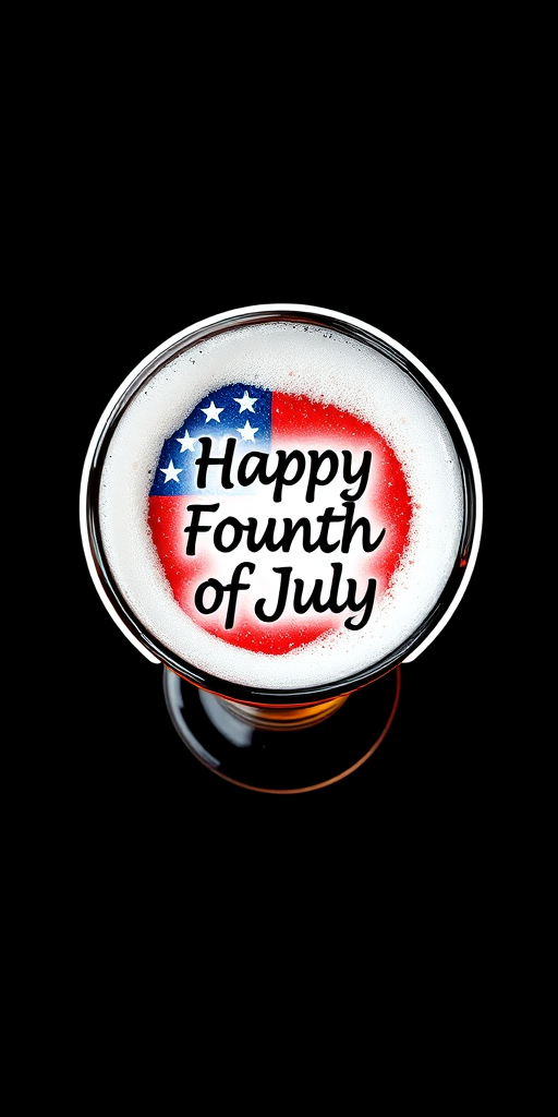 sticker, top-down view of a glass of beer, with foam in the shape of an American Flag in the center with text "Happy Fourth of July" black background