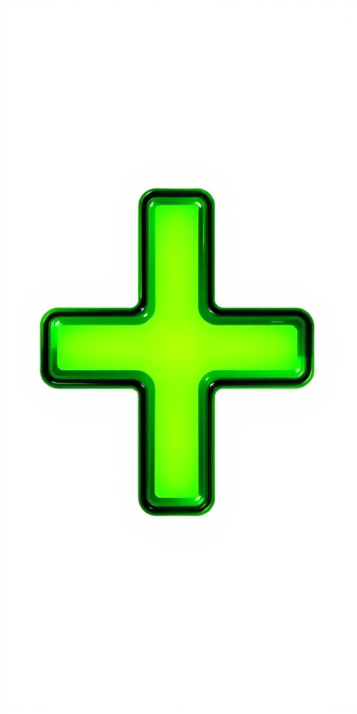 Generate a vibrant green plus sign icon with a glossy finish, using a 50mm lens, f/2.8 aperture, ISO 100, in a frontal view, shot on a DSLR camera.