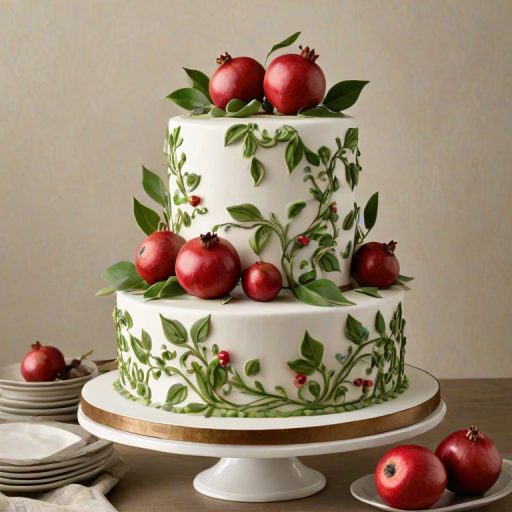 Create a three-tiered white cake adorned with realistic hand-painted pomegranates and green vines. The cake should have a clean and elegant look, with the pomegranates artistically placed around the tiers, enhancing the overall design. Focus on the intricate details of the fruits and leaves.