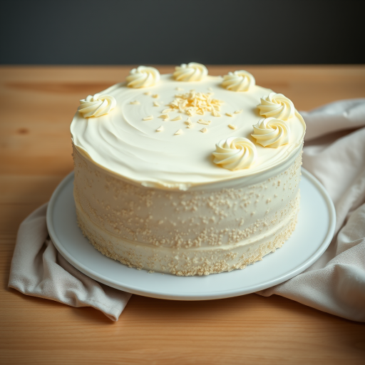 Create an image of a round white cake with smooth icing and decorative swirls on the top and bottom edges set on a white plate on a wooden table with a soft cloth beside it. The cake should have a textured finish on the sides and be topped with small white chocolate shavings. The background should be softly blurred to emphasize the cake.