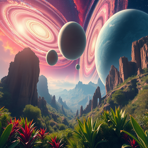 Create a high-resolution digital artwork of a vibrant alien landscape featuring multiple planets and a swirling galaxy in the sky, with lush, exotic vegetation in the foreground, captured with a Canon EOS R5, 24mm lens, aperture f/2.8, ISO 100, in a wide-angle view and saturated colors for enhanced depth and detail.
