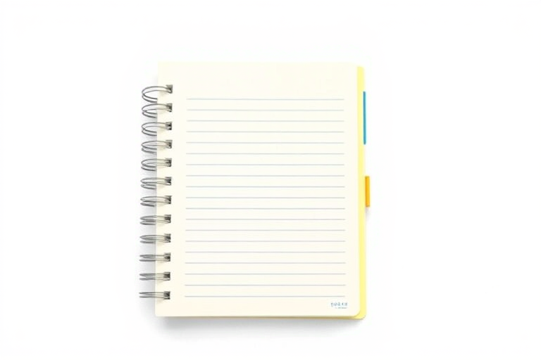 Generate a high-quality illustration of a spiral-bound notebook with a yellow cover, set against a minimalist white background, using a Canon EOS R5 camera with an aperture of f/2.8, 50mm lens, and a soft focus effect for a clean look.