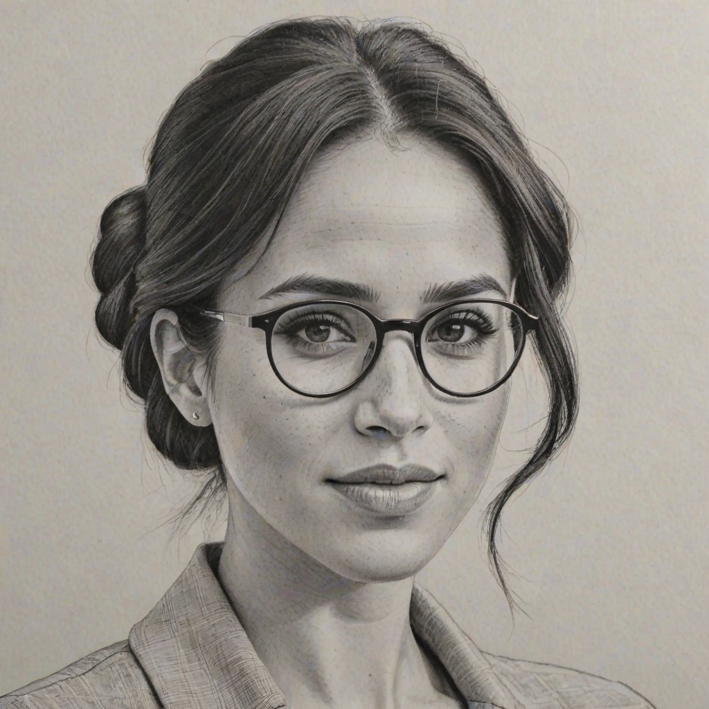 Pleasing Meghan Markle, pencil sketch, portrait of Pleasing woman 1925s in glasses, hair style beatnik, outline, clear lines, fine lines, 8k