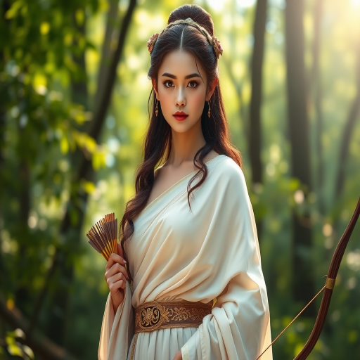 Create a portrait of a goddess-like Chinese girl figure in a tranquil, forested environment. She has an elegant appearance with long, wavy hair styled in an updo and adorned with a delicate, floral headband. She wears a flowing, ancient Greek-inspired gown in a soft, pale color, featuring a one-shoulder design and draped fabric that accentuates her graceful form. The outfit includes a decorative belt with ornate gold detailing, and she holds a bow in her hand, with a quiver of arrows slung over her shoulder. The background depicts lush greenery, with sunlight filtering through the trees, casting a gentle, ethereal light on the scene. Her expression is calm and contemplative, embodying a sense of wisdom and serenity.