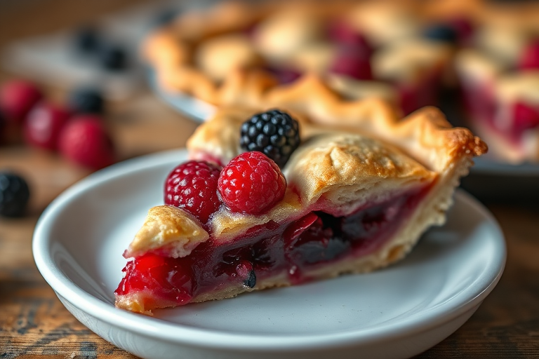 Generate an image of a slice of pie with a flaky crust and vibrant berry filling, using a 50mm lens, f/2.8 aperture, 1/200 sec shutter speed, soft focus background, and natural light to enhance colors and details.