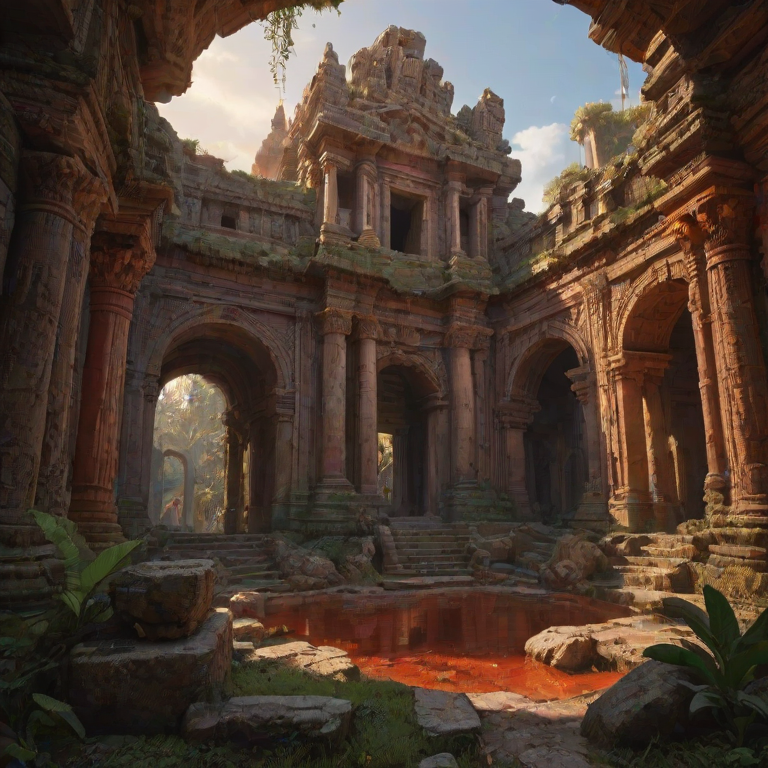 casting long, with moss and foliage growing on them, red and orange light that seems to emanate from within the structures, possibly lions or sphinxes. The statues are weathered, jagged rock formations. The architecture is a mix of Asian and Mayan influences, glowing pathway runs through the heart of the ruin, and spires, their fronds and trunks visible on the left and right of the frame., interspersed with splashes of red and orange, which seem to glow with an inner light, suggesting either a late afternoon or early morning sun. The architecture is a blend of ancient Roman and Gothic styles, possibly representing large orbs or machinery. These orbs are supported by ornate, contributing to the dreamlike atmosphere., This is a digital painting, adding to the mystical, swirling patterns that blend organic and mechanical elements