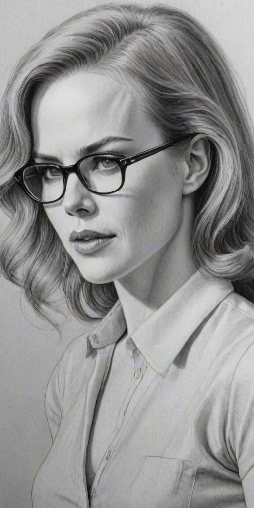 Delightful Nicole Kidman, pencil sketch, portrait of Captivating woman 1953s in glasses, hair style beatnik, outline, clear lines, fine lines, 8k