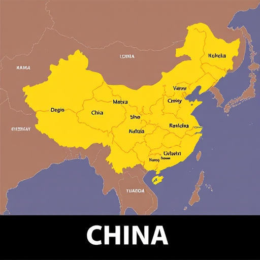 Create a detailed map of China showcasing its provinces in varying shades of yellow and orange, with clear borders, labeled provinces, and a bold title "CHINA" at the bottom, captured with a DSLR camera in landscape orientation, using a focal length of 35mm, aperture set to f/8 for sharp depth of field, and ISO 100 for high image quality.