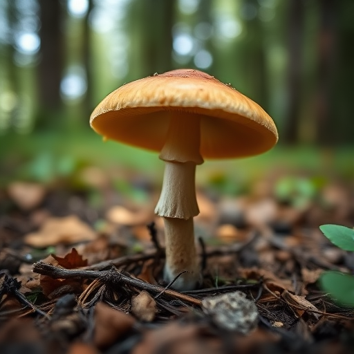 mushroom in a forest setting, close-up view, natural lighting, f/2.8, ISO 100, 1/60 sec, macro lens, DSLR camera