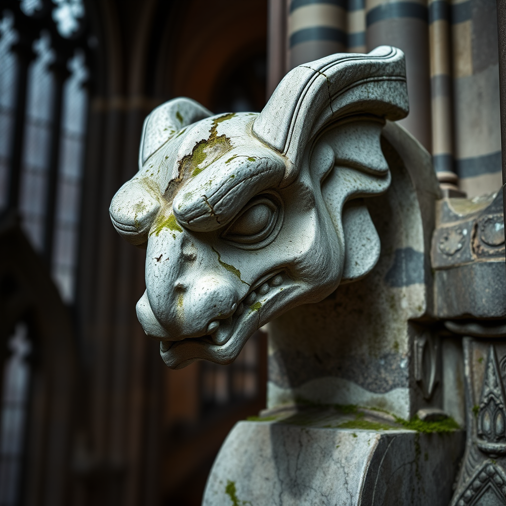create an ultra-realistic and very detailed photograph of a very old stone gargoyle in a cathedral. the stone is a little worn, with some broken parts. cracks. moss. the background is a blurred image of the city. It includes shadows and contrasts to make the image more realistic