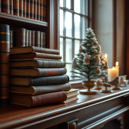 A cozy library scene featuring stacked antique books on a wooden shelf, with a small decorative snowy tree and a candle, shot with a Canon EOS R5 at f/2.8, 50mm lens, ISO 200, natural light for soft shadows and improved image quality.