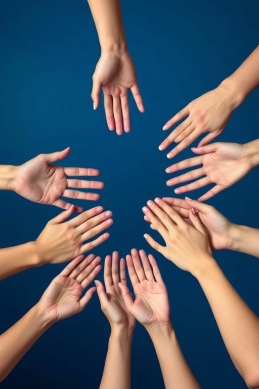 Generate an image of various hands in a circular arrangement against a deep blue background, using a 50mm lens, f/1.8 aperture, ISO 100, captured at eye level with a soft-focus effect in digital format.