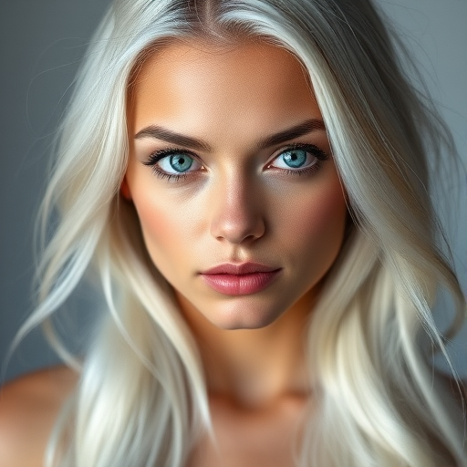 portrait of a beautiful young woman with long white hair and striking features, soft lighting, shallow depth of field, 50mm lens, f/1.8, ISO 100, portrait photography style, studio setup, high-resolution image quality