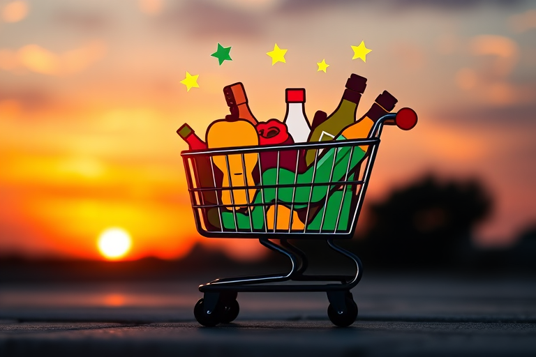 create a colorful logo featuring a shopping cart filled with groceries, set against a sunset background with stars, using a DSLR camera with a 50mm lens, f/1.8 aperture, 1/1000s shutter speed, and vibrant post-processing for enhanced quality, captured in a wide-angle view.