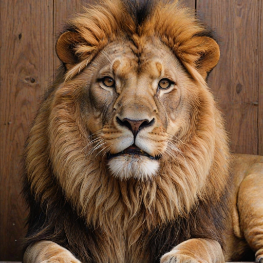 photorealism. a lion, sitting, doing duck face with its lips. plain wood panel bg