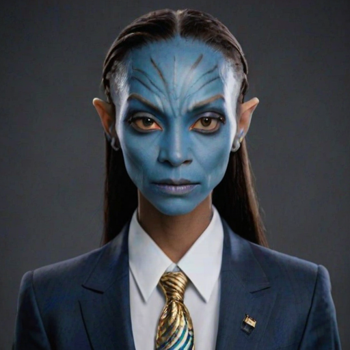 High quality passport photo of a woman Neytiri with blue skin wearing a suit and tie looking directly at the camera with her mouth closed and a neutral expression. She is also wearing a delicate gold chain and some understated diamond earrings