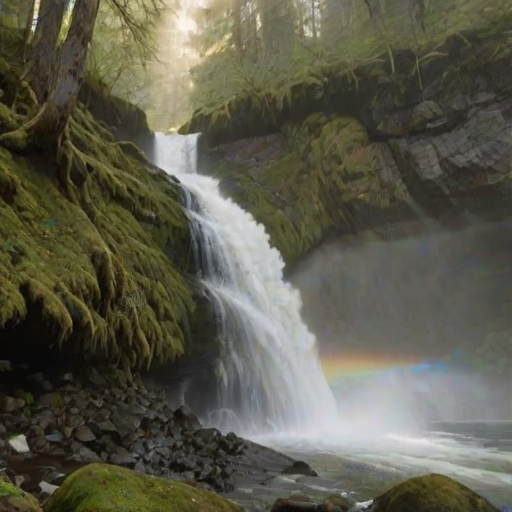 Sharp, high-resolution image of a waterfall cascading over moss-covered rocks, sunlight filtering through the trees above, soft mist rising from the base of the falls, a rainbow faintly visible in the spray, the sound of rushing water filling the air.