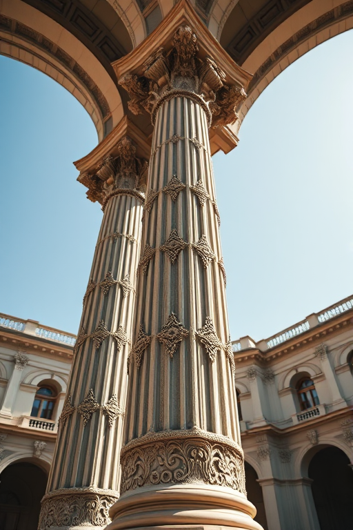 Create a high-resolution image of two ornate architectural columns with intricate details, shot with a Canon EOS R5 at f/8, ISO 100, 24mm focal length, in natural light from a low angle to enhance depth and contrast.