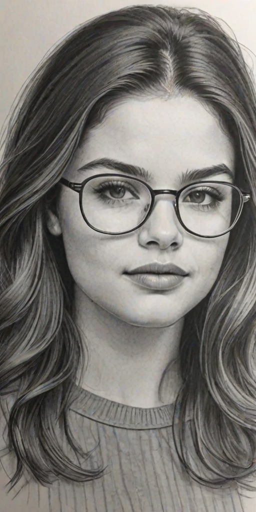 Wonderful Danielle Campbell, pencil sketch, portrait of Sublime woman 1977s in glasses, hair style beatnik, outline, clear lines, fine lines, 8k