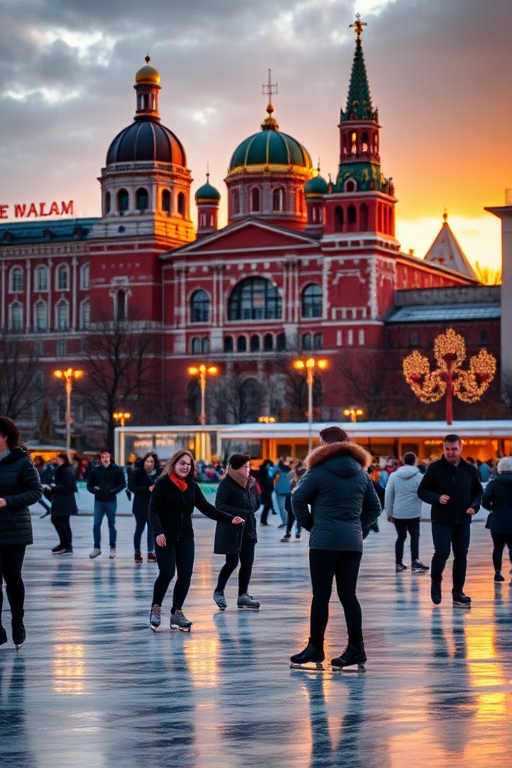 Capture an outdoor ice skating scene in Red Square, Moscow, with the State Historical Museum and the Kremlin in the background, during golden hour lighting, with a Canon EOS R5, 35mm lens, aperture f/5.6, ISO 100, and a shutter speed of 1/200s for sharp details and vibrant colors.