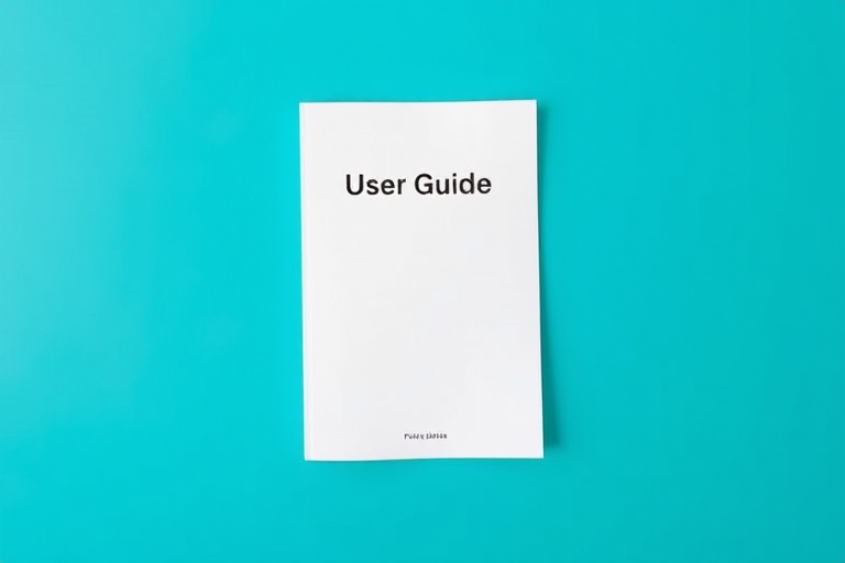 Create a minimalistic image of a user guide on a vibrant turquoise background, using a 50mm lens at f/2.8, with a soft focus camera style and a DSLR camera type for enhanced clarity and depth.