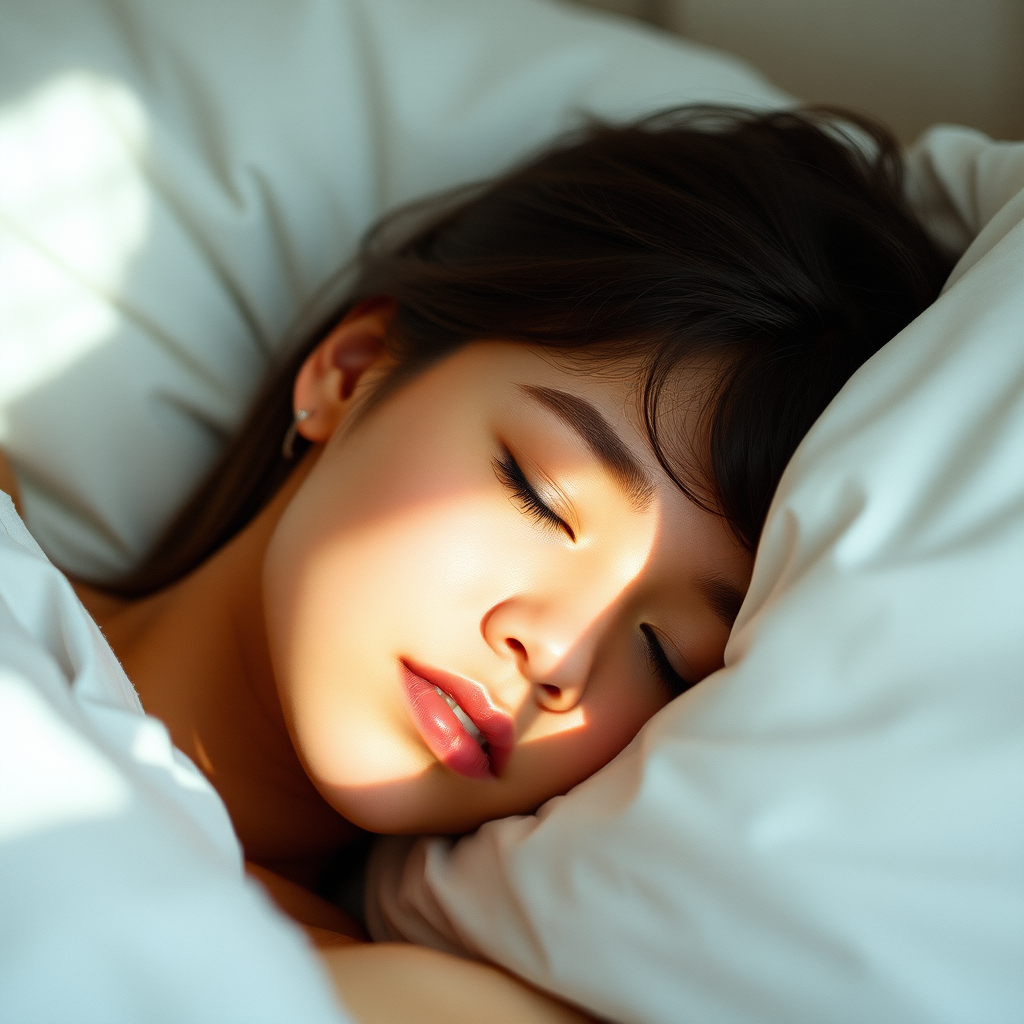 a peaceful close-up of a young woman sleeping comfortably in bed, soft natural light illuminating her serene face, grainy texture to give a cozy feel, aperture f/2.8, shutter speed 1/60 sec, ISO 200, 50mm lens, shallow depth of field, shot from a slightly elevated angle to capture the tranquility of the moment