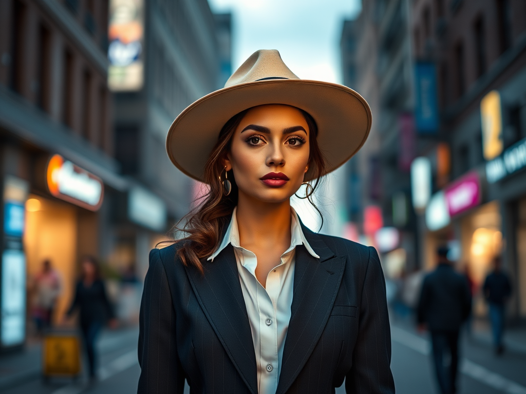 Generate a high-resolution image of a confident woman in a stylish suit and wide-brimmed hat, standing in a bustling city street, captured with a Canon EOS R5 at f/2.8, ISO 100, 50mm lens, with soft twilight lighting and a slight bokeh effect in the background.