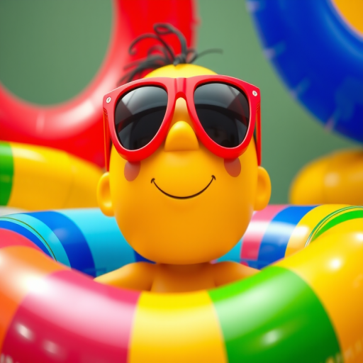 A cartoon character with a round yellow face wearing red sunglasses, surrounded by colorful inflatable rings in bright red, blue, green, and yellow, shot with a Canon EOS R5, 50mm lens, f/1.8 aperture, 1/200 sec shutter speed, in vibrant colors and high contrast, sharp focus, front view.