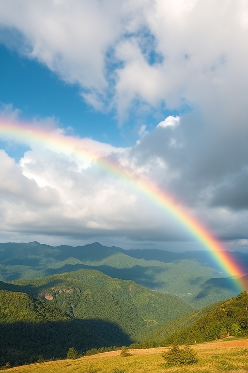 Generate a high-resolution landscape image of a vibrant rainbow arching over lush green mountains under a partially cloudy sky, captured with a DSLR camera at 24mm, f/8 aperture, ISO 100, in natural lighting, wide-angle view.