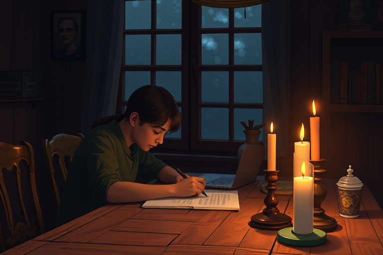 Create a highly detailed and realistic illustration of a person sitting at a wooden table, focusing on a task under dim candlelight, with a window in the background, captured with a Canon EOS R5, f/1.8 aperture, ISO 400, 50mm lens, in a soft natural light style to enhance depth and texture.