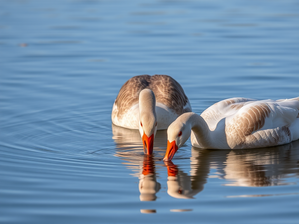Capture a close-up shot of three geese feeding in calm water, using a DSLR camera with a 50mm lens, aperture set to f/2.8 for a shallow depth of field, shutter speed at 1/200 sec, and ISO 200 for clear, vibrant colors.