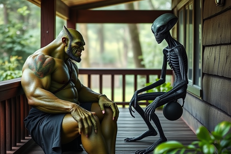 Generate an image of a muscular green-skinned orc and a tall, slender alien sitting on a wooden porch surrounded by nature, captured with a DSLR camera at f/2.8 aperture, ISO 100, and a 50mm lens for sharp focus and soft background blur, with natural lighting to enhance colors and details.