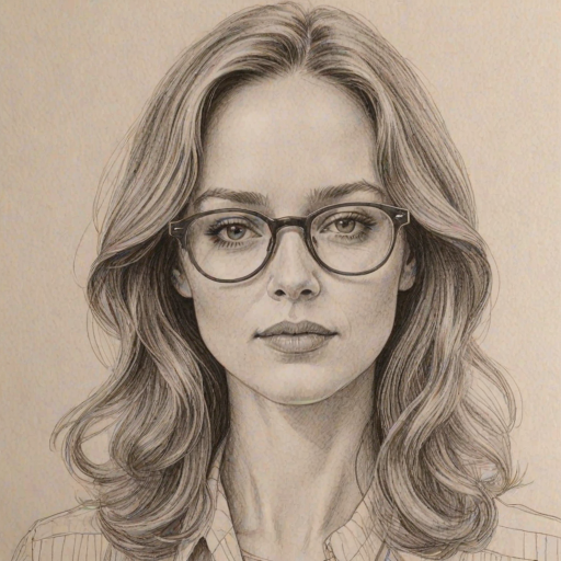 Enticing Fiona Dourif, pencil sketch, portrait of Lovely woman 1970s in glasses, hair style beatnik, outline, clear lines, fine lines, 8k