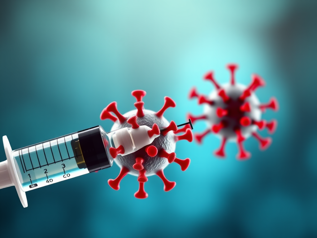 Create a detailed and high-resolution illustration of a vaccine syringe injecting a virus particle, focusing on the virus with vibrant red spikes, set against a soft bokeh background of teal and blue, using a Canon EOS 5D Mark IV with a 50mm f/1.8 lens at f/2.8, ISO 200, and a shallow depth of field to enhance the visual impact and clarity.