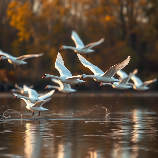 Capture a dynamic scene of swans in flight with a shallow depth of field, 85mm lens, f/2.8 aperture, ISO 100, 1/2000 sec shutter speed, shot from a low angle to emphasize the birds against a blurred background of autumn trees, golden hour lighting for warm tones.