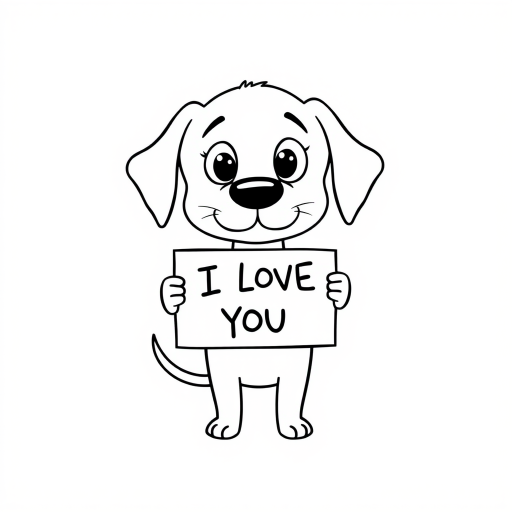 A minimalist cartoon of a PUPPY standing on a blank white background, holding a sign that simply says, 'I LOVE YOU.' The puppy is drawn with just a few lines: big eyes, whiskers, floppy ears, and a straight tail, giving it a comically desperate expression.