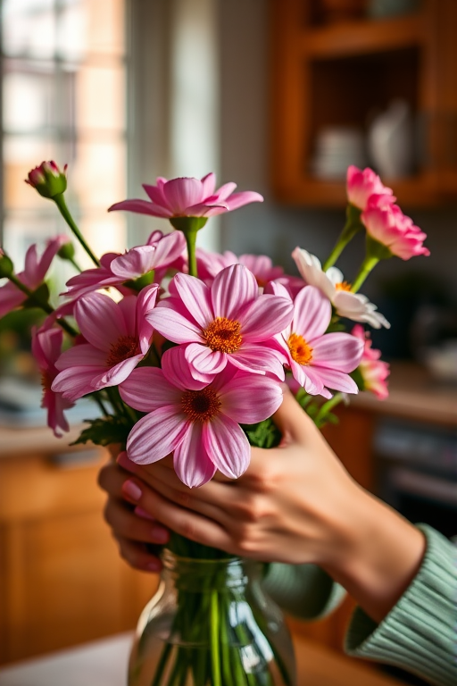 Close-up of a woman’s hands delicately arranging fresh flowers in a vase, soft light illuminating the vibrant petals, with a charming kitchen softly blurred in the background.