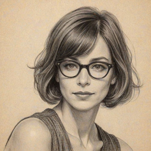 Exquisite Stephanie Szostak, pencil sketch, portrait of Fascinating woman 1929s in glasses, hair style beatnik, outline, clear lines, fine lines, 8k
