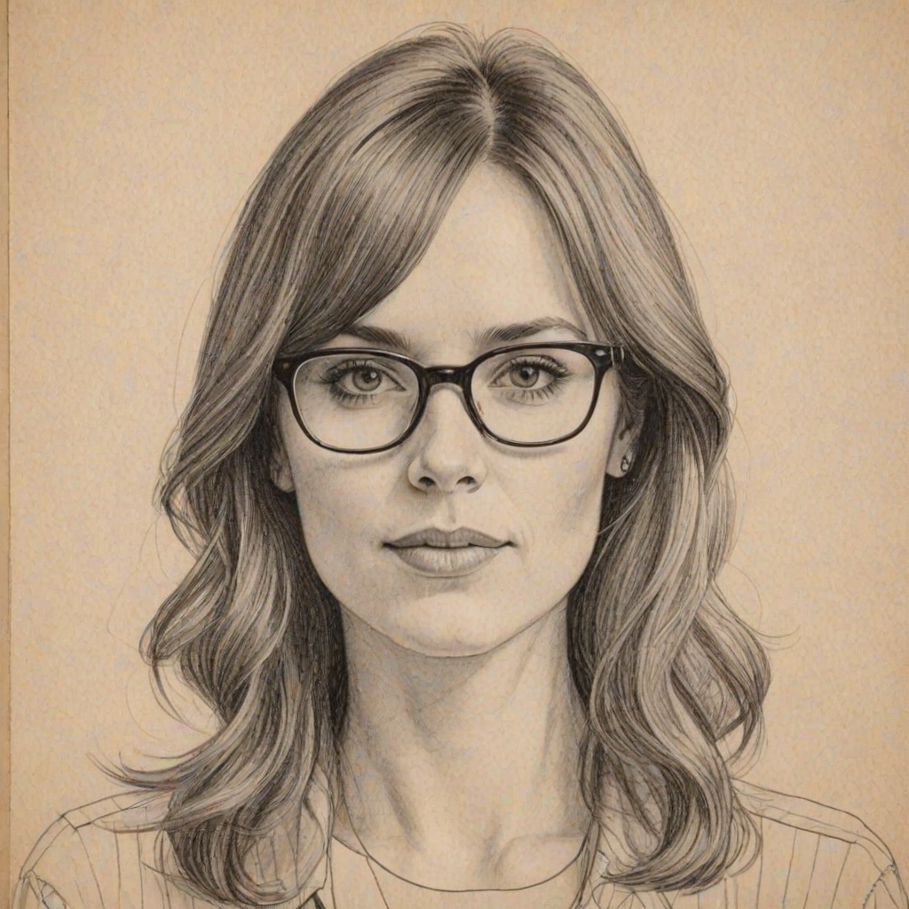 Delightful Melanie Chisholm, pencil sketch, portrait of Charming woman 1971s in glasses, hair style beatnik, outline, clear lines, fine lines, 8k